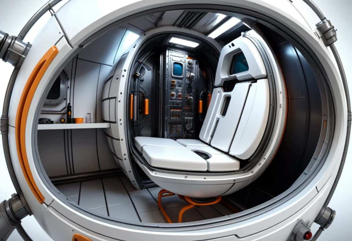 inside of a small dent and bent egg-shaped escape pod, with a chamber, interior, 4k resolution, hyperrealistic , scifi, dslr, hdr,