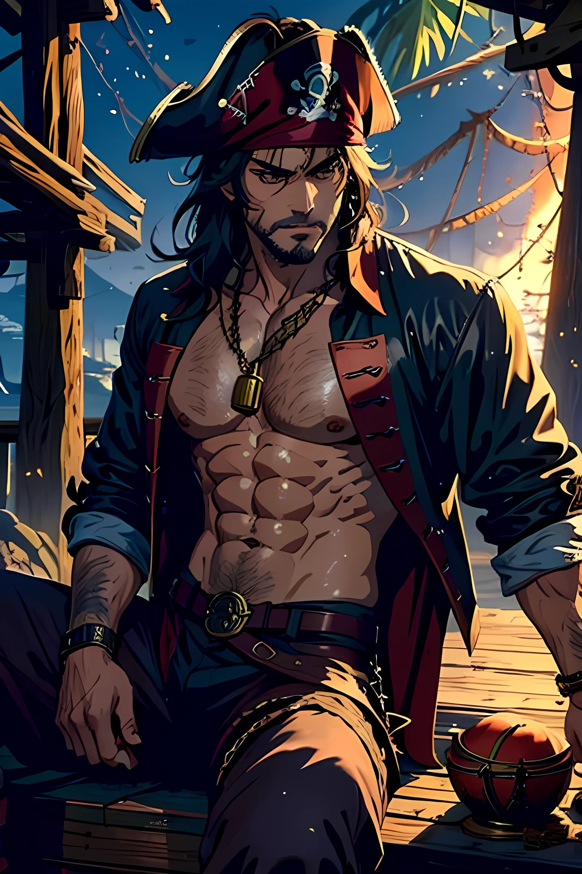 (best quality)), ((masterpiece)), (detailed), male, anime, pirate, open blouse shirt, slightly hairy chest 6 pack abs, chisled festures, male, anime male, handsome, good looking, perfect eyes, pirate outfit, open shirt, sweaty body, glistening with water, long black hair, darker skin, dynamic pose, sitting on a treasure chest, holding a sword, pirate ship background, bandana on head, angry face, pirate hat, gold dubloons, skull island features