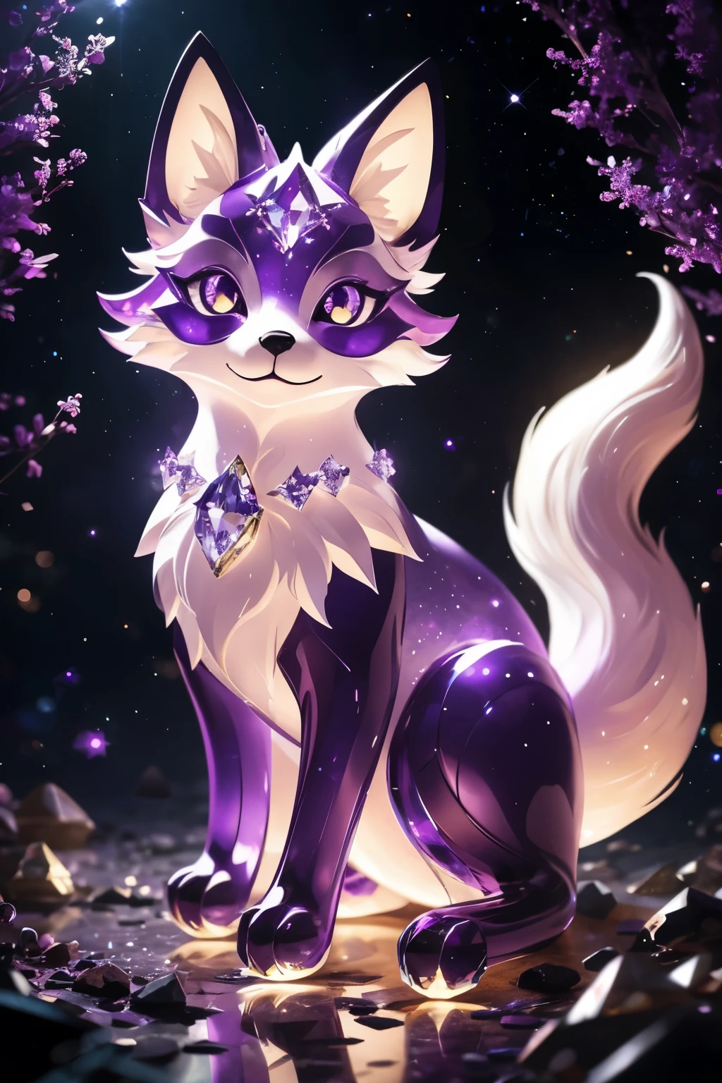 picture of mythical graceful fox spirit with shiny crystal scales, glowing purple eyes, starry night forest in background,((best quality)), ((masterpiece)), (detailed), high quality, Surreal art, shimmer, Approaching perfection, Ultra High Quality, Bokeh, Reflective materials, shadowy, Volumetric lighting, 8K resolution, ultra-detailed, crystal fox, detailed eyes, detailed paws, light purple fur, light purple fox ears, well-proportioned detailed purple eyes, (absurderes:1.2), exquisitely crafted fox, night aura, Ethereal, 