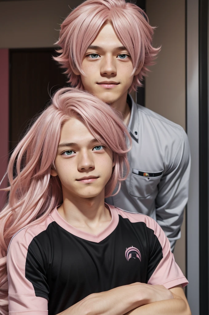 Screenshot Boku no hero academia, sixteen-year-old man, medium-long soft pink hair with black tips, tired pink eyes with cat-like pupils, relaxed expression