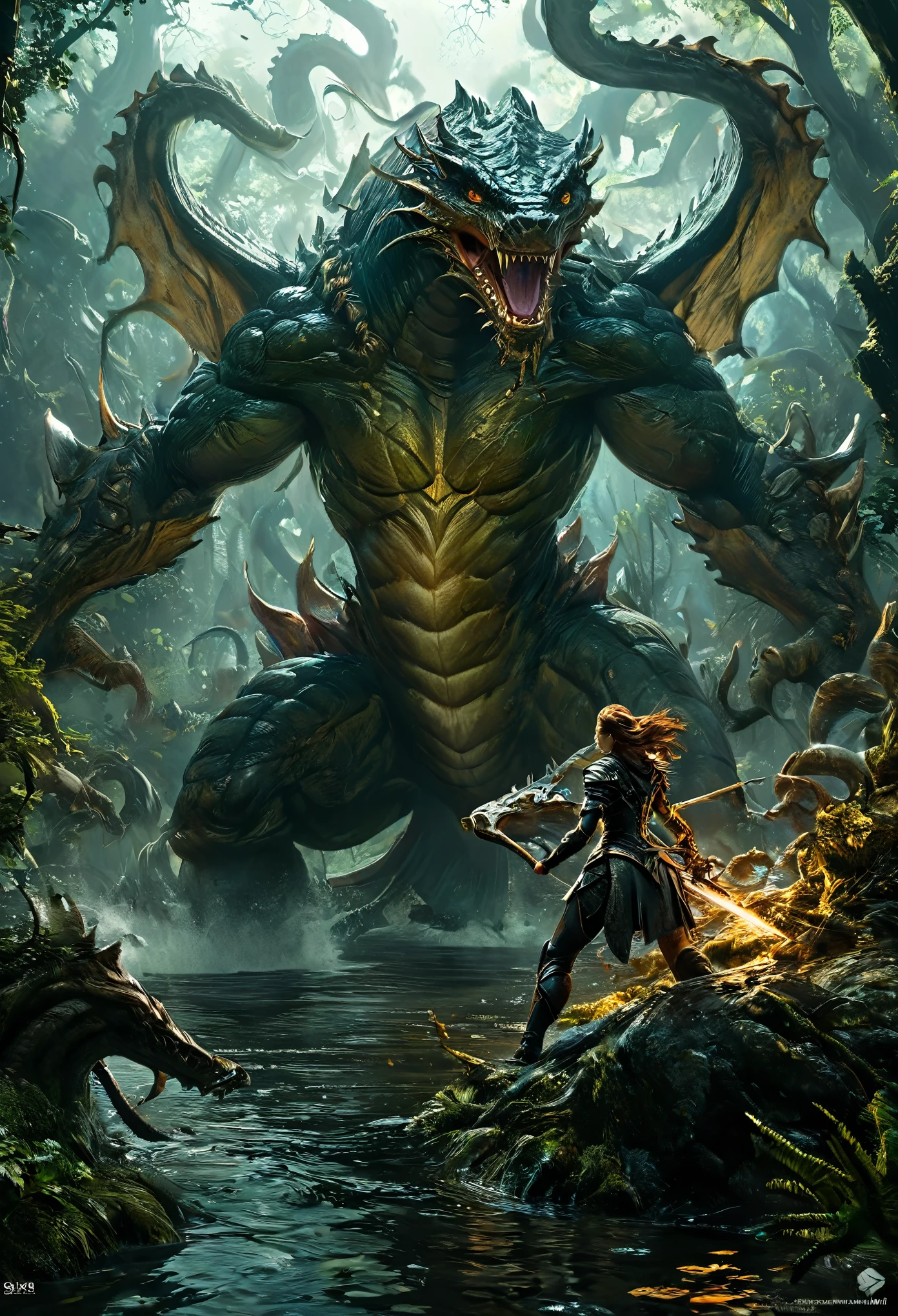 a female knight battling a giant multi-headed hydra monster, highly detailed, fantasy, epic battle scene, a swamp, in a dark forest, hyper realistic, dramatic lighting, cinematic, 8k, artstation, concept art, digital painting, award winning