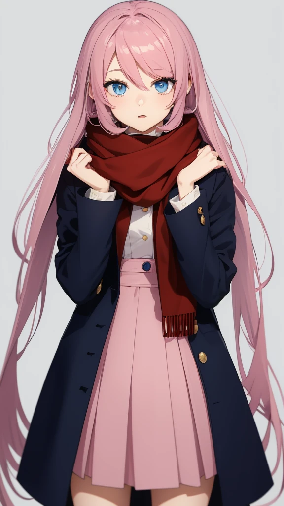 Full length anime girl, White background. young girl, 21 years old, With a cute face, large bright blue eyes and light smooth skin. She has pink hair, collected in a neat hairstyle, with small stray strands. The girl is dressed in a blue winter coat and a red scarf with black veins. The girl's mood is joy, she smiles, creating an atmosphere of warmth and friendliness. Pay attention to the details of clothing and accessories, emphasizing her style and individuality. Dasha is a sweet girl, serious and intelligent in group matters, and in communication - dear Lola