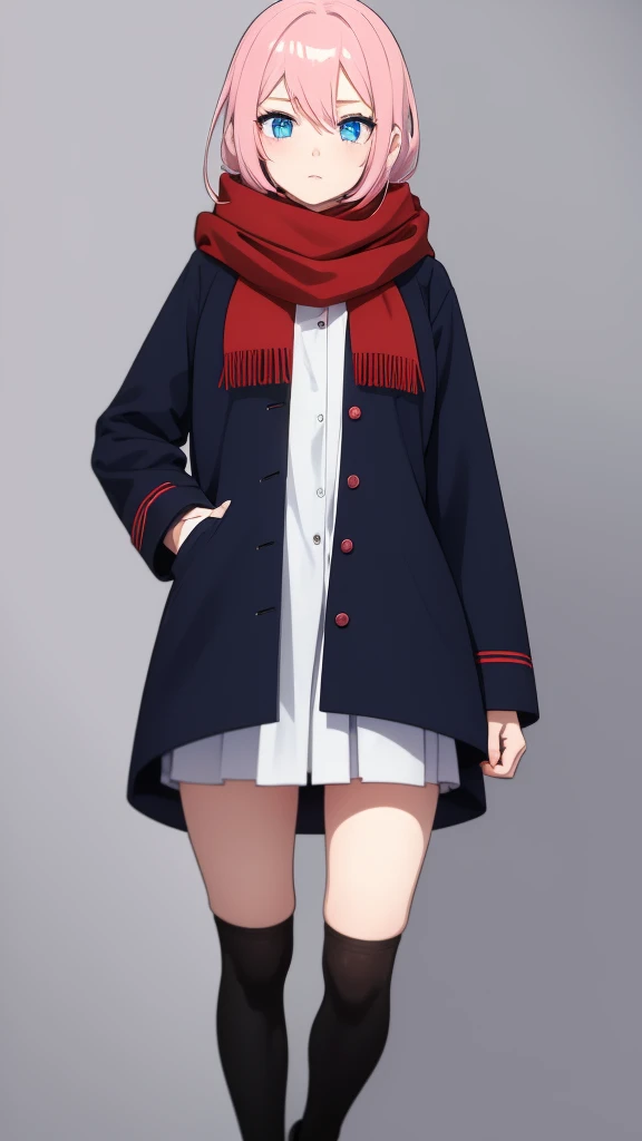 Full length anime girl, White background. young girl, 21 years old, With a cute face, large bright blue eyes and light smooth skin. She has pink hair, collected in a neat hairstyle, with small stray strands. The girl is dressed in a blue winter coat and a red scarf with black veins. The girl&#39;s mood is joy, she smiles, creating an atmosphere of warmth and friendliness. Pay attention to the details of clothing and accessories, emphasizing her style and individuality. Dasha is a sweet girl, serious and intelligent in group matters, and in communication - dear Lola