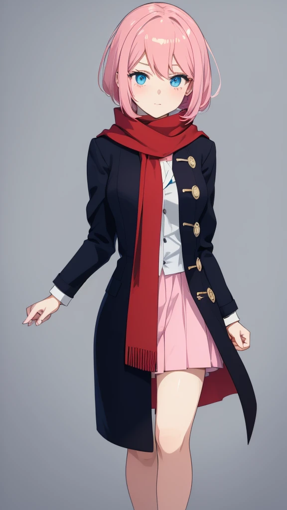 Full length anime girl, White background. young girl, 21 years old, With a cute face, large bright blue eyes and light smooth skin. She has pink hair, collected in a neat hairstyle, with small stray strands. The girl is dressed in a blue winter coat and a red scarf with black veins. The girl's mood is joy, she smiles, creating an atmosphere of warmth and friendliness. Pay attention to the details of clothing and accessories, emphasizing her style and individuality. Dasha is a sweet girl, serious and intelligent in group matters, and in communication - dear Lola