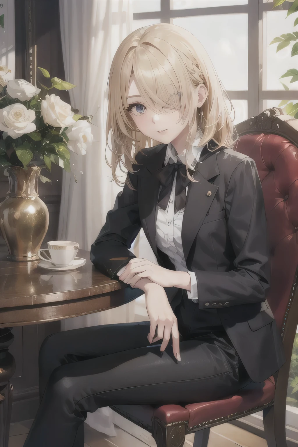 portrait of european girl,solo, 20yo,beautiful face,,hair over one eye,medium sidecut long, blonde hair, sharp focus,black private suit, with camellia flower, sitting on a chair legs crossed. black pants.