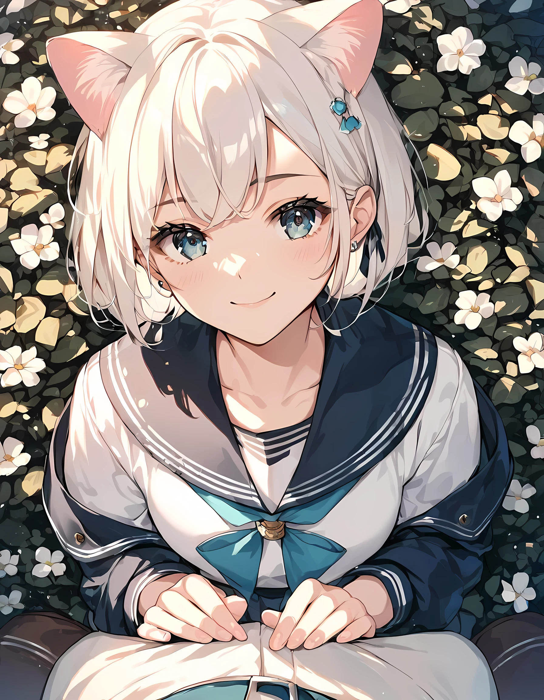 score_9, score_8_up, score_7_up, score_6_up, source_anime, rating_safe, masterpiece, best qualityer, Cat-eared girl with white hair, Straight ahead, Viewer's POV, hands out, adolable, sailor outfit