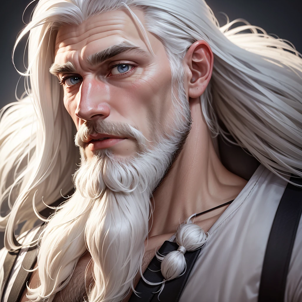 Man White hair, shorth hair, 30years, two meters and fifteen tall, brawny "sem beard"