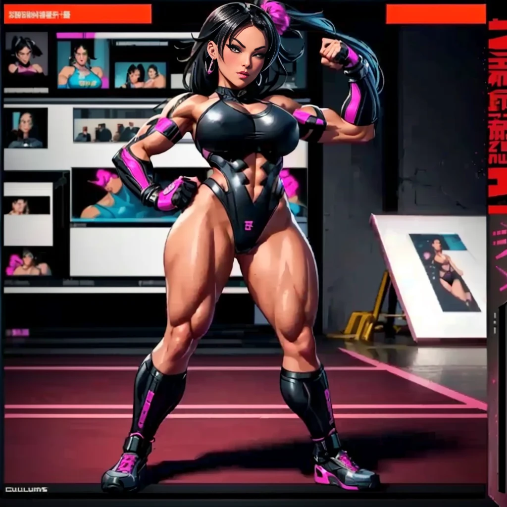 a woman in a black and pink outfit posing for a picture, muscular! cyberpunk, muscular ultraviolent woman, muscular girl, chun li at the gym, posing for a fight intricate, bodybuilder superhero bikini, comic digital art, digital comic, oppai cyberpunk, strong pose, juri han from street fighter, posing and flexing, powerful stance, commission for high res