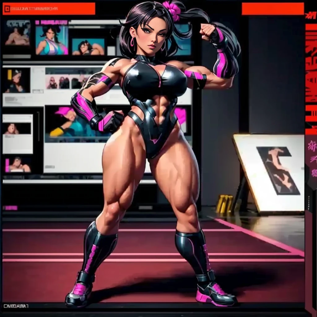 a woman in a black and pink outfit posing for a picture, muscular! cyberpunk, muscular ultraviolent woman, muscular girl, chun li at the gym, posing for a fight intricate, bodybuilder superhero bikini, comic digital art, digital comic, oppai cyberpunk, strong pose, juri han from street fighter, posing and flexing, powerful stance, commission for high res