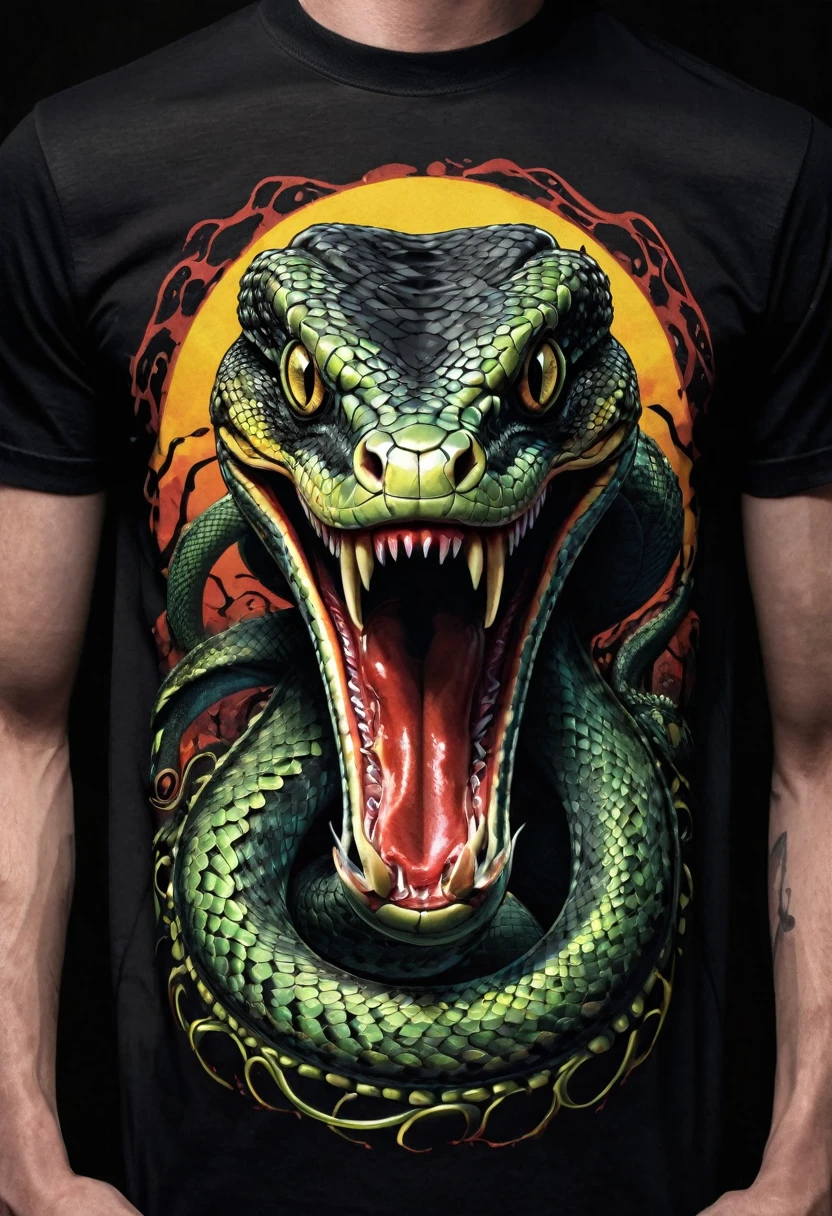 t-shirt design, Design a menacing black t-shirt with a full body Python motif inspired by heavy metal music aesthetics. The artwork features a sleek, pale golden and pale green Python coiled sinuously, its scales glistening in the dim light. The Python's mouth is wide open, revealing rows of razor-sharp teeth dripping with blood, exuding a sense of raw, primal aggression, bright sky and big sun in background, enhancing the ominous atmosphere of the design. The Python's eyes gleam with a malevolent glint, capturing the essence of danger and violence. The overall style is bold and intense, embodying the dark and edgy spirit of heavy metal music.