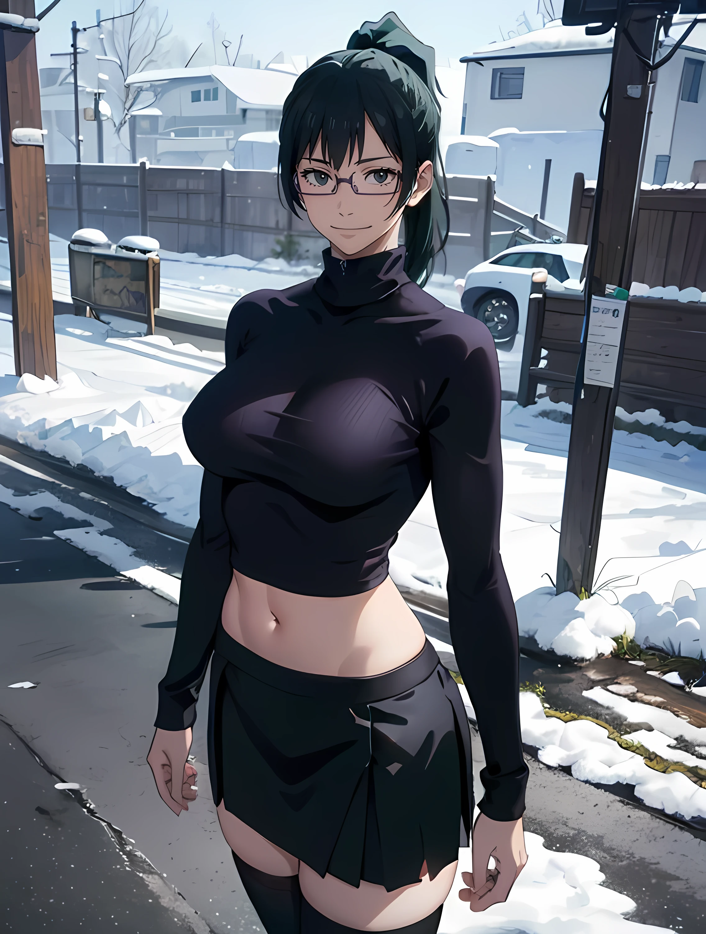 リアルでHigh resolution (highest quality, 4k, 8k, High resolution, masterpiece:1.2)score_9, score_8_up, score_7_up, score_6_up, score_5_up, score_4_up, (8k, RAW photo, best quality, masterpiece:1.2), front view detailed body, long belly, big , Slender body, tight body , thicc ,medium breast , long thighs, Glasses, ponytail, blue eyes, large breasts, beautiful legs, turtleneck, loose turtleneck, navel, armpit , cleavage,plated skirt, skirt, stockings, black stockings, looking at viewer , cowboy shot ,