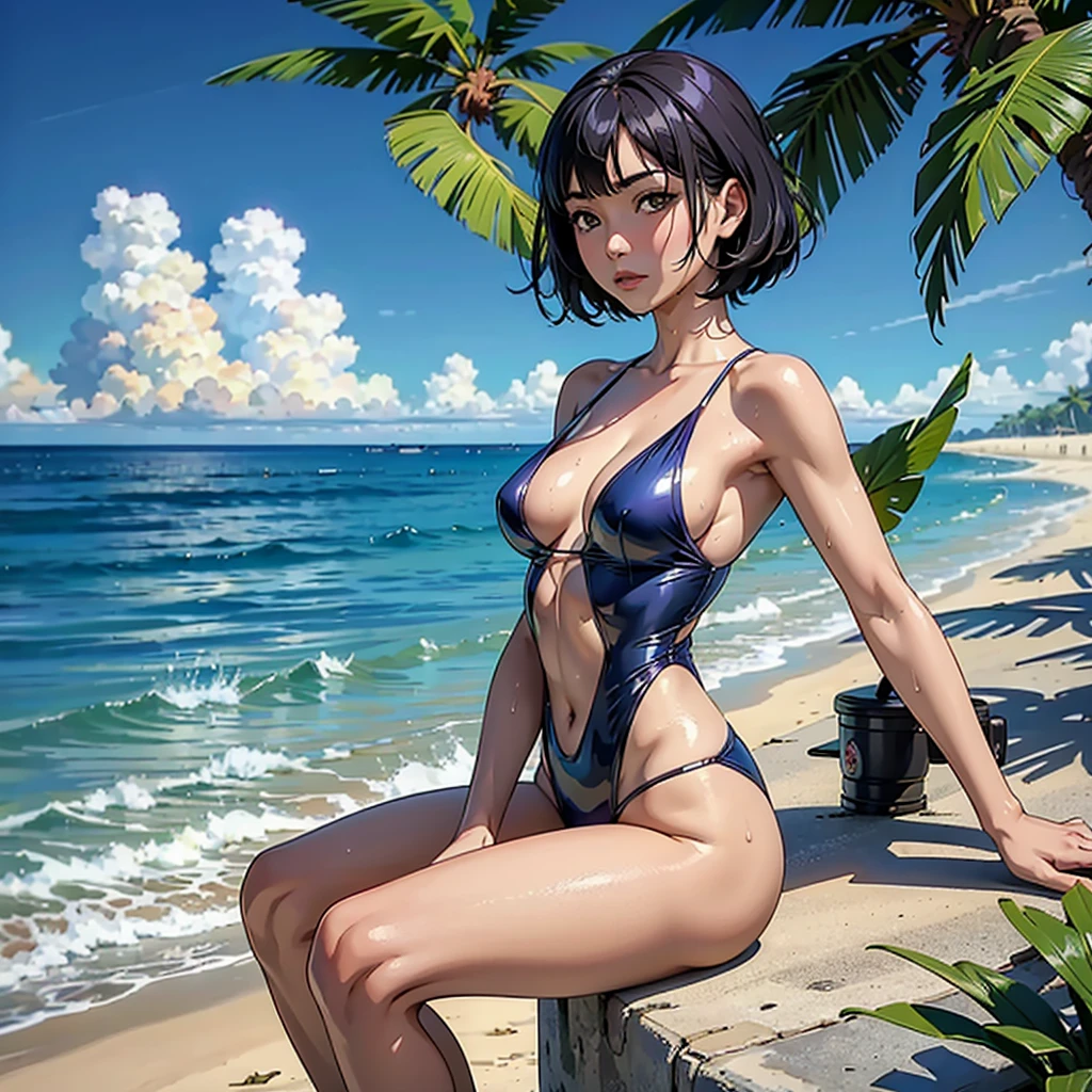 ((highest quality, masterpiece, High resolution)), ((reality)),Photos of beautiful Japanese women,((anime art))、 (((1 girl))), normal size breasts, slim body shape, medium short hair, double eyelid, Wet see-through one-piece swimsuit,, A pareo with bold ethnic patterns and plenty of primary colors、realistic skin、Wet,whole body,cinematic light、tropical、Against the background of palm trees on both sides、on a sunny beach、With the sea in the background、blur background、Clean abs,