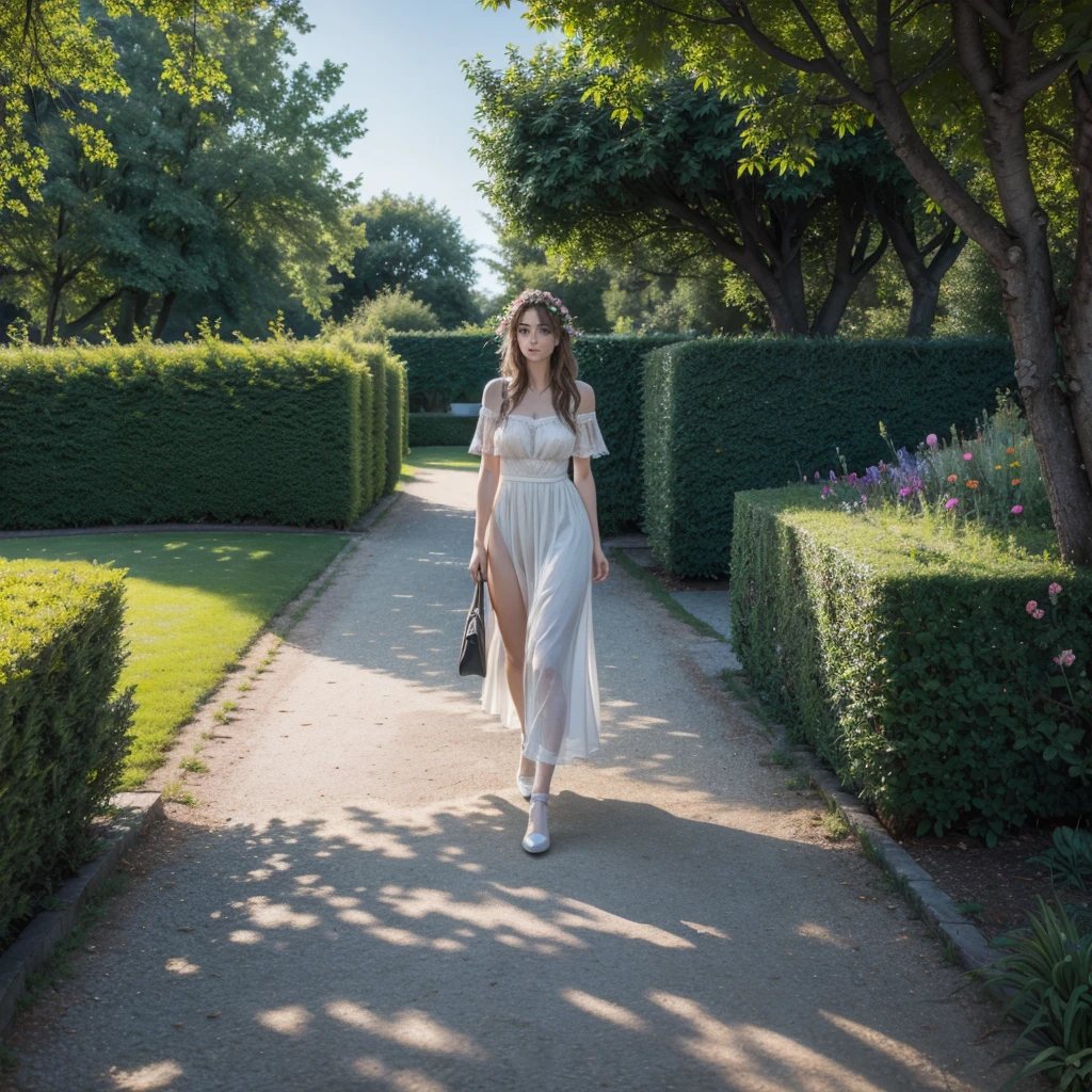 DO Mariaix35 european lora walking in a garden, I want it in high definition in 4k