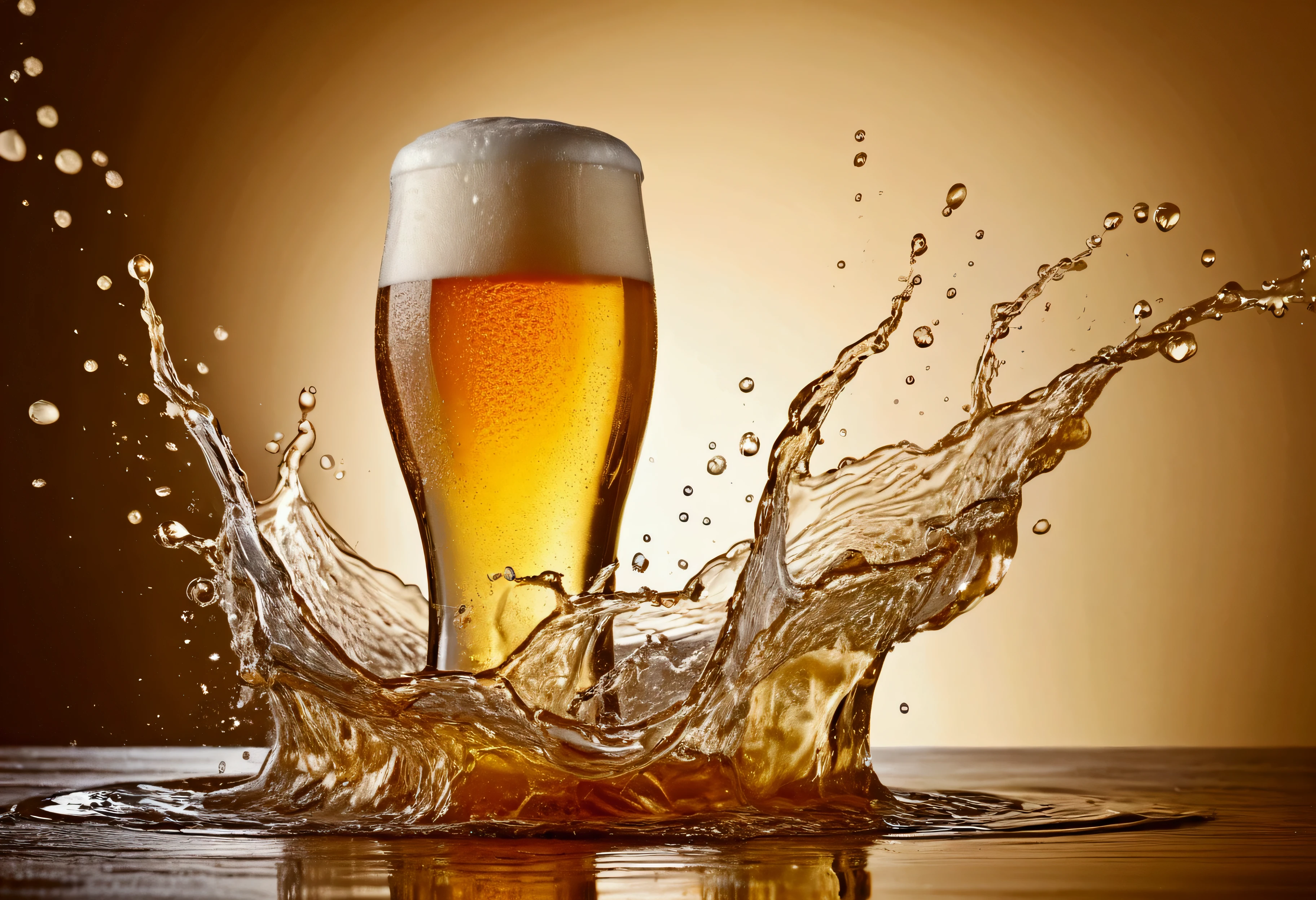 a picture of a craft beer, beer splashing in the elegant cream color background like in a commercial, everything in focus
