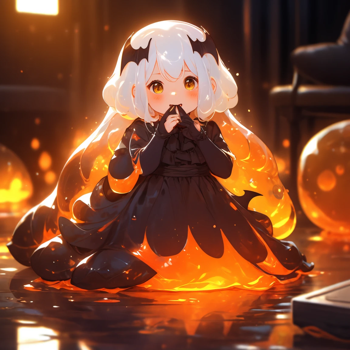 With a girl, magician, witch, indoor, living room, Crimson Room, Day, morning, 9:40 AM, Red and black gothic ta, Ruffled dress, Cute Face, Mouth O, white hair, hair, Yellow Eyes, Bat wings on the head, Sitting on the sofa, clock, sun, Orange slime, Orange slime sitting on girl lap, watching tv