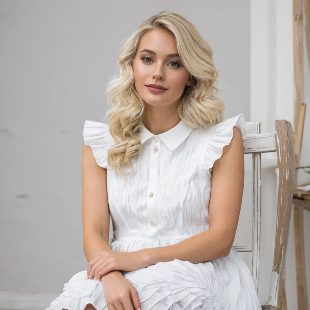 Femme blonde en tenue d’écolière blanche assise sur une chaise