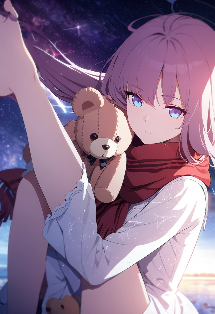 (((masterpiece))), (((best quality))),(((high detail))),light manipulation, girl with long hair, gradient purple to sky blue eyes, wearing a white dress, a red scarf, galaxy background, holding a teddy bear, feet, no footwear, close up