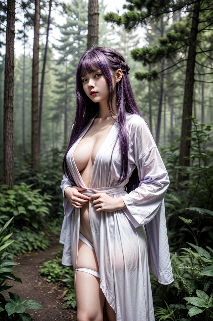 masterpiece, Highest quality, Absurd, Perfect Anatomy, One girl, alone, Fernfrielen, Very long hair, Purple eyes, (Purple Eyes), White Dress, Black Robe, Large Breasts, Outdoor, forest, Standing with hands on hips