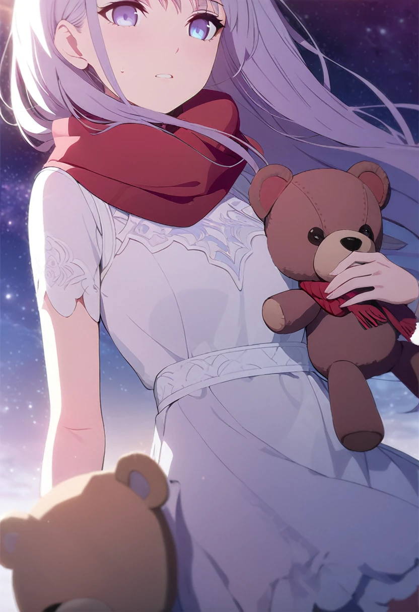 (((masterpiece))), (((best quality))),(((high detail))),light manipulation, girl with long hair, gradient purple to sky blue eyes, wearing a white dress, a red scarf, galaxy background, holding a teddy bear, feet, no footwear, close up