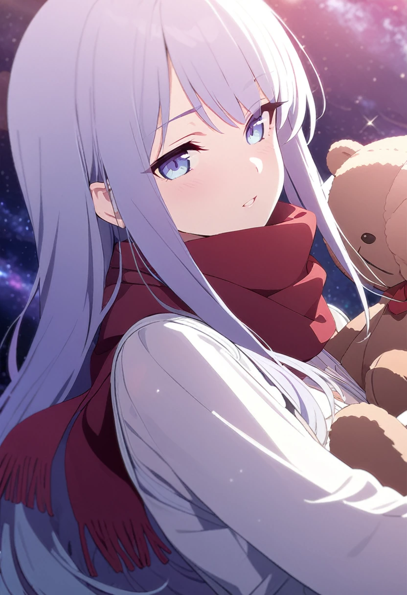 (((masterpiece))), (((best quality))),(((high detail))),light manipulation, girl with long hair, gradient purple to sky blue eyes, wearing a white dress, a red scarf, galaxy background, holding a teddy bear, feet, no footwear, close up