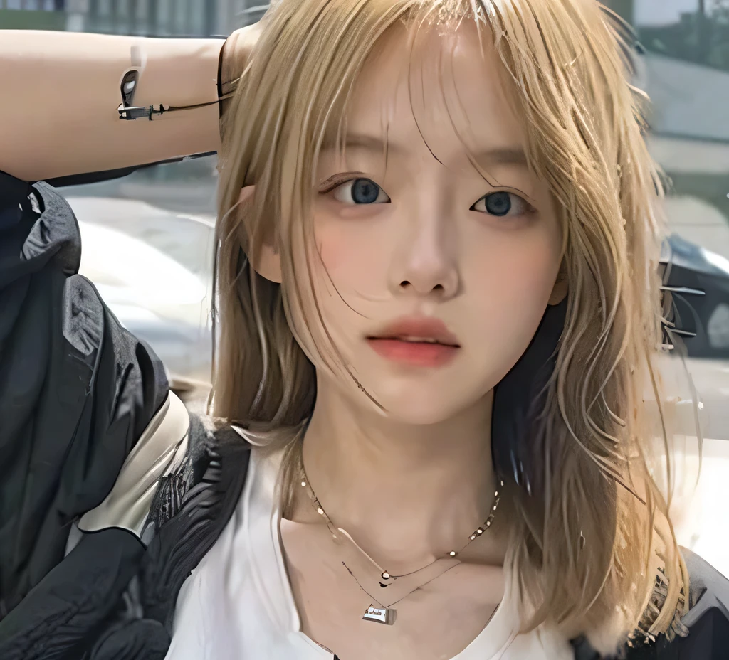 Blonde hair, reastung head on hand, necklace