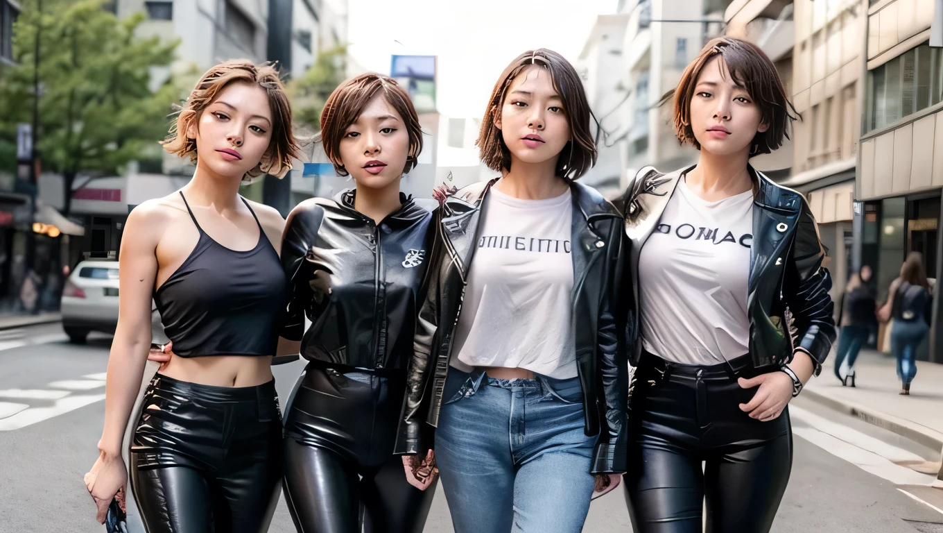 ((4 girls:1.5)、Tokyo Street、Four women standing on the street、Four boyish women、Group photo of girl band group、Each has an instrument)、the wind is strong、(Realistic、Like a photograph、Live Action、8k, Realistic, RAW Photos, Best image quality: 1.4), Single-lens reflex camera、RAW Photos, Highest quality, Realistic, Highly detailed CG Unity 8k wallpaper, Written boundary depth, Cinematic Light, Lens flare, Ray Tracing, Realistic background、(A tight fitting black T-shirt:1.4、Checkered pleated mini skirt、Big Breasts、Abdominal muscles)、(The strap of the bag passes between the chest、paisla、Shoulder bag)、((Silver Inner Color Hair:1.1))、Cute Japanese Band Girls、((whole body:1.5))、(short hair:1.2、My hair flutters in the wind:1.5)、I like that style、stylish、Very detailed、Pay attention to the details、Perfect outfit、(White skin)、Beautiful feet:1.1、View from the front、Accurate Arm、Meet on a street corner、Super detailed face