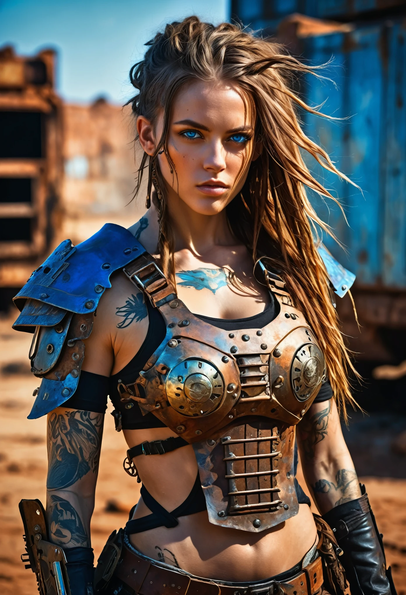 1 girl, futuristic post-apocalyptic cyberpunk warrior, detailed portrait, tattered clothing with rusty metal armored plates, wild long hair, tattoos on arms and body, fashionable pose, blue eyes with circular irises, extremely detailed facial features, post-apocalyptic environment, natural body posture, professional photography, high-end DSLR camera, professional fantasy artist, professional rococo and baroque style background artist, professional artwork by artstation artist