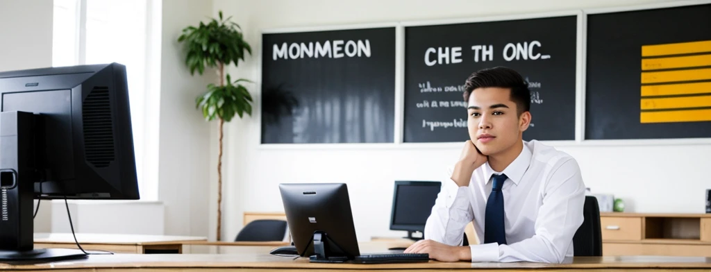 background like an office with computer and written young apprentice