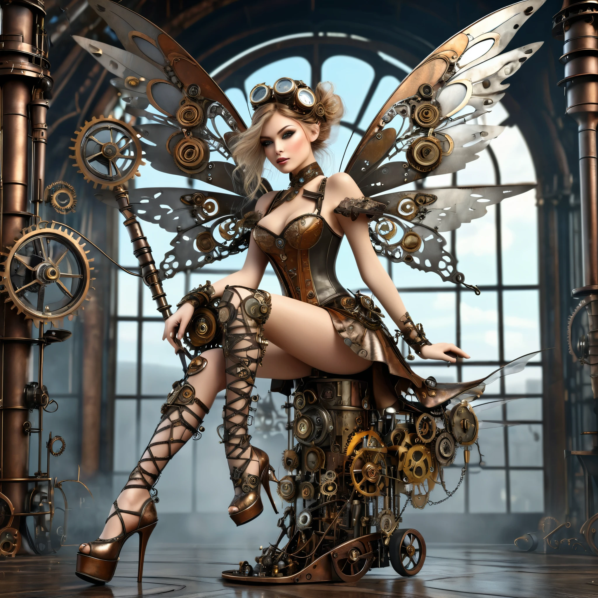 exquisite 2.5d rendering of a gorgeous steampunk fairy, high heels, ((highly detailed face)), flying around a tower made of metal junk and clockwork parts, metal trimmed wings, clothing made of lace and steel, clockwork home
