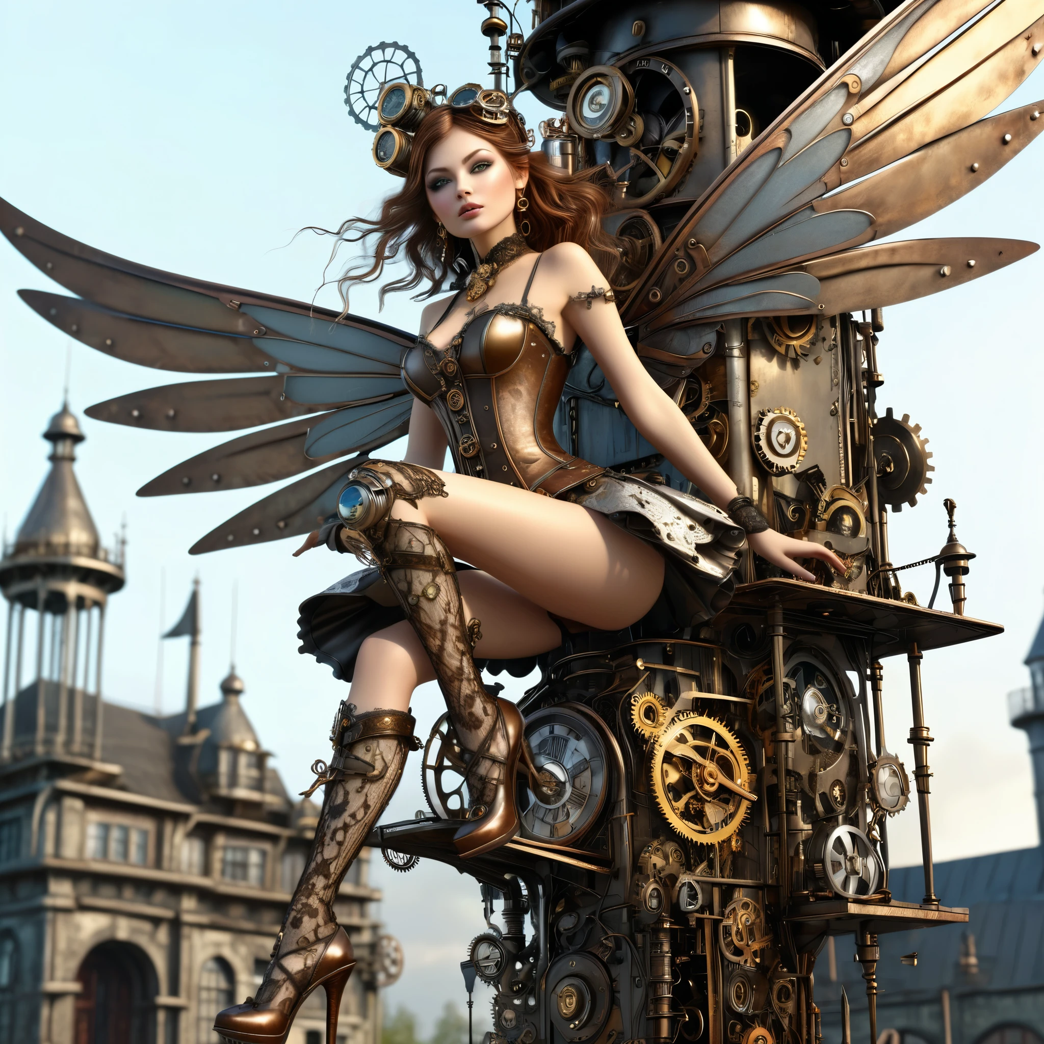 exquisite 2.5d rendering of a gorgeous steampunk fairy, high heels, ((highly detailed face)), flying around a tower made of metal junk and clockwork parts, metal trimmed wings, clothing made of lace and steel, clockwork home