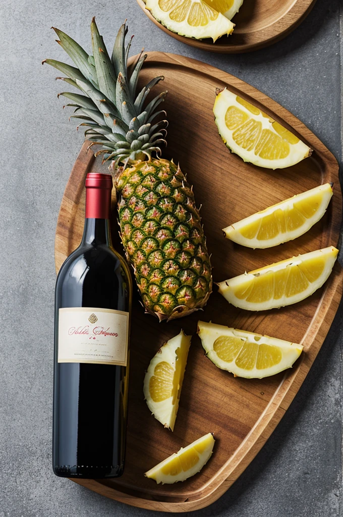 A bottle of wine with pineapple slices 
