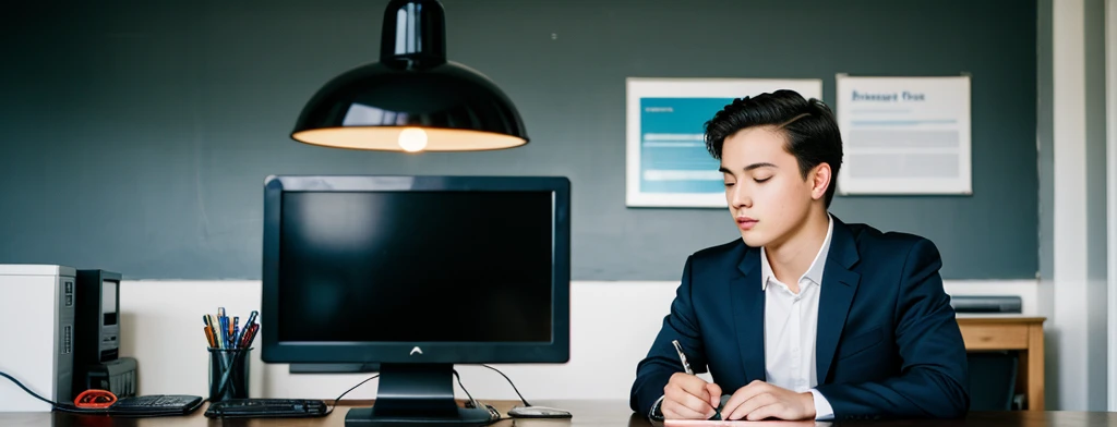 background like an office with computer and writing young apprentice without the person

