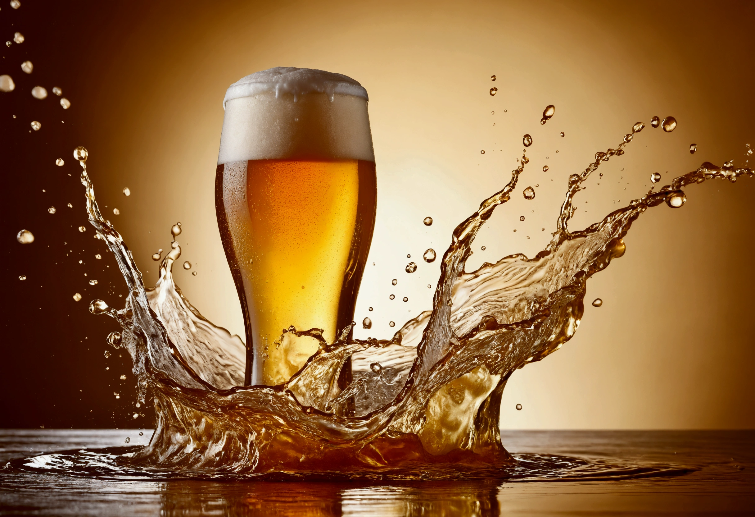 a picture of a craft beer, beer splashing in the elegant cream color background like in a commercial, everything in focus