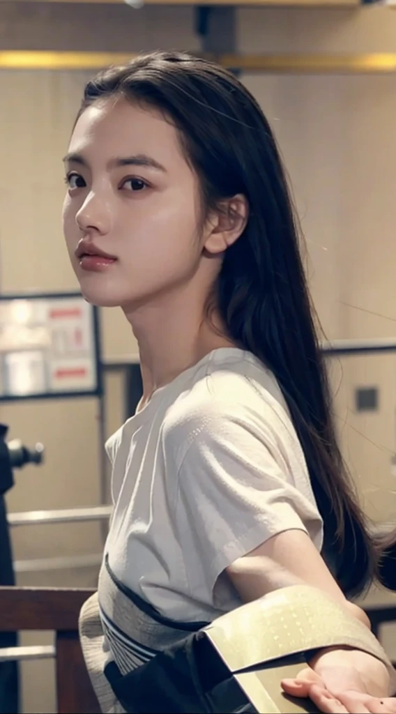 32K, Highest quality, masterpiece, Realistic, Very detailed,  photograph, High resolution, 行photograph, High resolution, Confused, Smoother light, Official Art, Written boundary depth, Bright light,
close, thin, Detailed face, anger, Beautiful details in the eyes, 19 years old Korean, cute, Highest quality real texture skin,
T-Shirts,