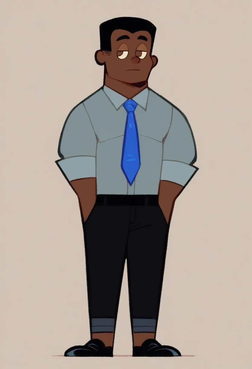 tyrone, 1boy, full body, solo, simple background, dark-skinned male, brown eyes, black hair, grey long sleeve suit, blue work tie, black pants, black shoes