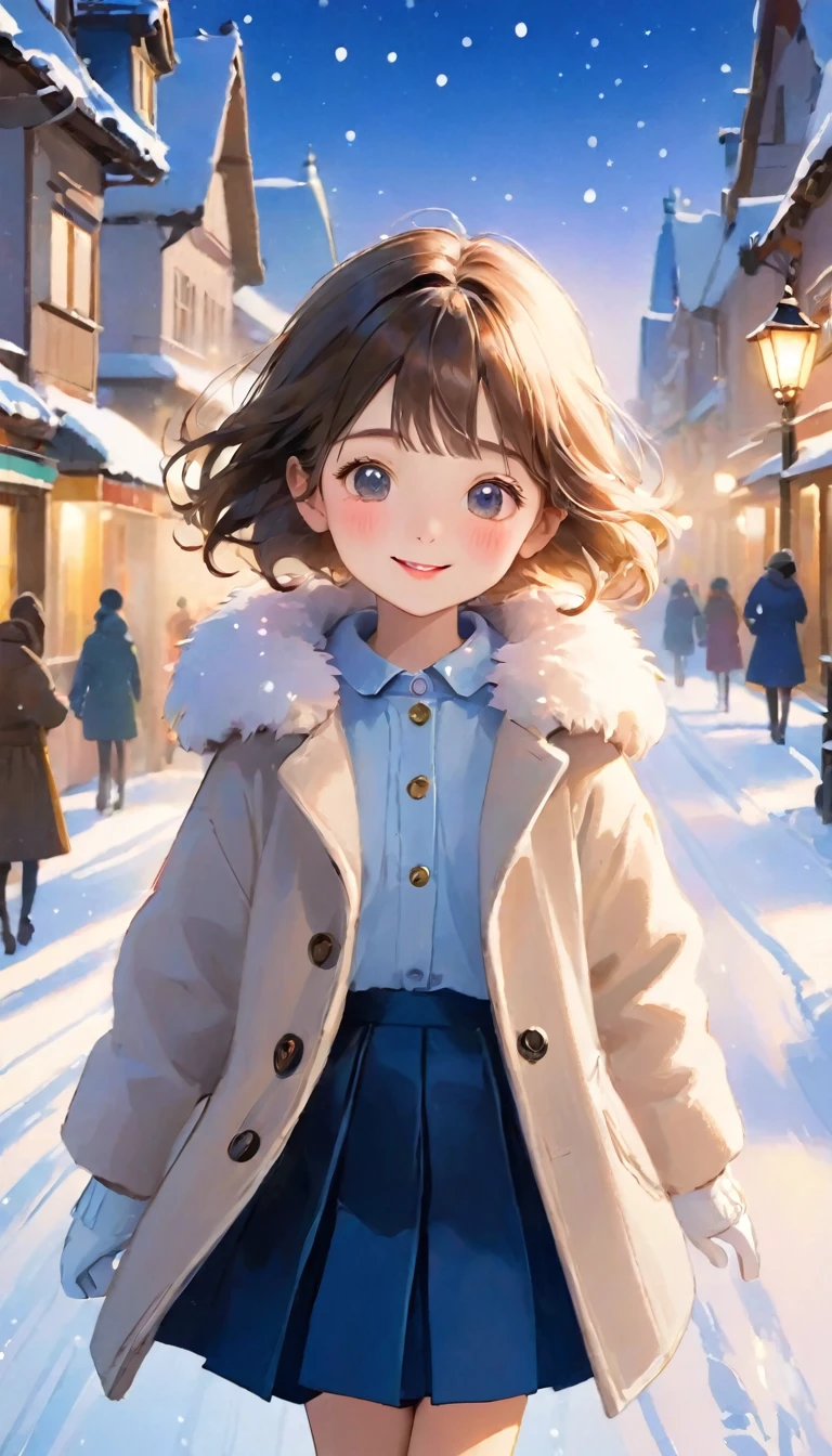 (Highest quality,4K,High resolution,Tabletop:1.2),Very detailed,Realistic,(Hmph,Hmph),girl,solo、一人のgirl、beige fluffy coat,beige wool gloves,Navy blue mini pleated skirt,snow,smile,eye contact,Portraiture,Vibrant colors,Winter Scenery,Soft lighting,繊細なsnowの結晶,Bright expression,Playful pose,Fun atmosphere,Happy atmosphere,Cold breath,Blushing,rosy nose,Warm atmosphere,Cozy winter fashion,soft winter light,mysterious winter night,真っ白なsnow景色,空中で舞うsnowの結晶,輝くsnow,beautiful winter fashion,Unpretentious chic style,楽しいsnow合戦,icy cold weather,Crisp winter air,Childlike innocence,Curiosity in her eyes,smile eyes,ふわふわのsnowの結晶,A dreamy winter wonderland,winter magic,cute moments,Adorable costumes,A pleasant winter day,Laughter of joy,夢のようなsmile.Thighs Thighs Thighs Thighs