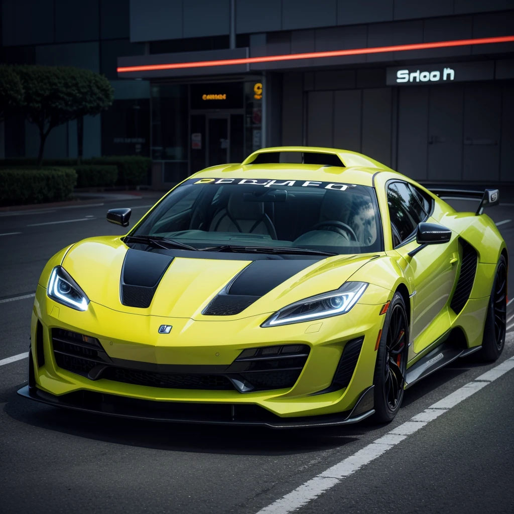 neon super car, front view, photo real