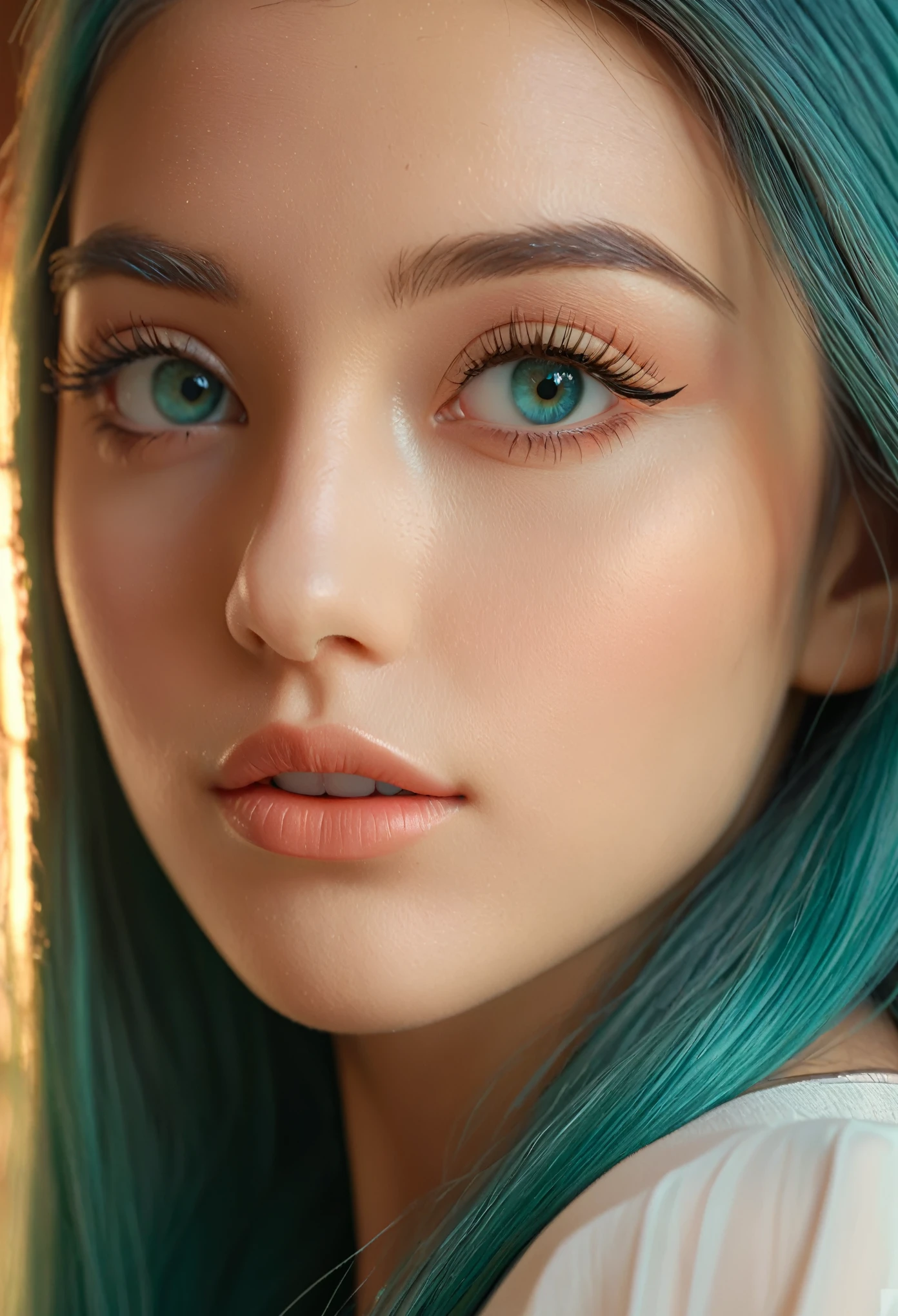 1 girl with long teal hair, white skirt, closeup of face, beautiful detailed eyes, beautiful detailed lips, extremely detailed face, long eyelashes, serene expression, soft lighting, warm color palette, (best quality, 4k, 8k, highres, masterpiece:1.2), ultra-detailed, (realistic, photorealistic, photo-realistic:1.37), portrait, digital art