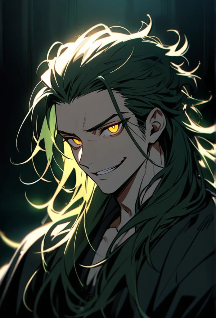 Handsome, solo, 1 man, dark green hair, yellow eyes, 1 man, handsome, male, long hair, detailed, Hair Slicked Back, Messy Hair, Hair Over Shoulder, Glowing Light, Bright Pupils, Smirk, Wide-Eyed, Evil Smile, Amber Eyes,