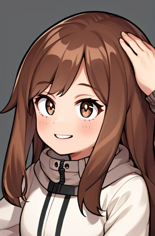 Horikoshi Kouhei, 1 girl, brown hair, brown eyes, long eyes,long hair, happy.