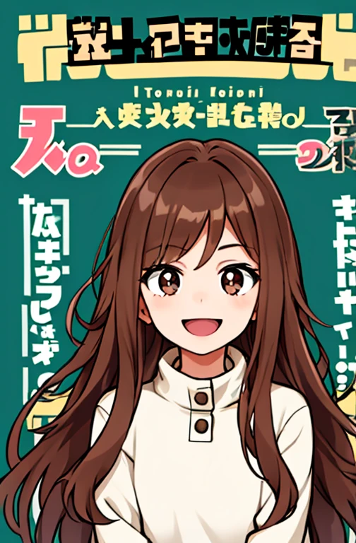 Horikoshi Kouhei, 1 girl, brown hair, brown eyes, long eyes,long hair, happy.