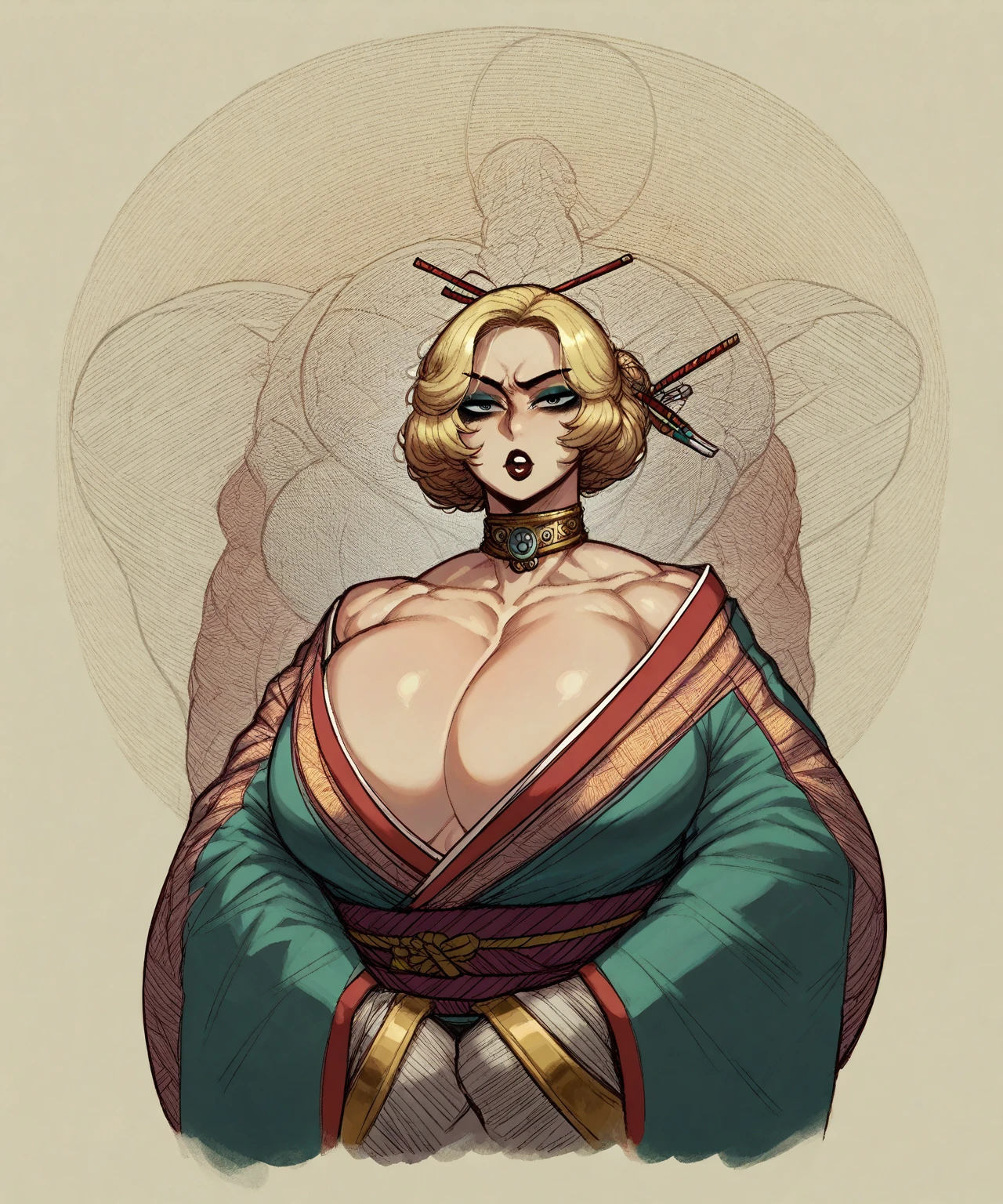 score_9, score_8_up, score_7_up, score_6_up, score_5_up, score_4_up, BREAK 1girl, ((muscular body:1)), intricate, kimono, (eyeliner:1.2), looking at viewer, bob hairstyle, blonde, jewelry, detailed background,huge breasts (masterpiece, high quality:1),
