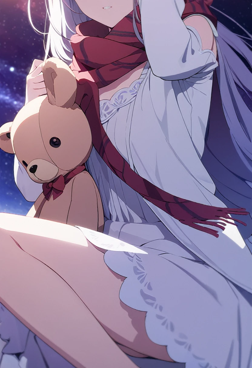(((masterpiece))), (((best quality))),(((high detail))),light manipulation, girl with long hair, gradient purple to sky blue eyes, wearing a white dress, a red scarf, galaxy background, holding a teddy bear, feet, no footwear, close up
