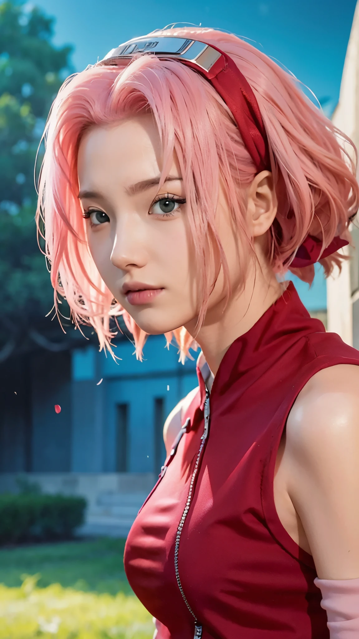 Real life adaption of this character, Korean teen beauty face, realistic pink hair , realistic same outfit, realistic light, realistic shadow, hyper realistic, realism, realistic background,(photorealistic:1.2)