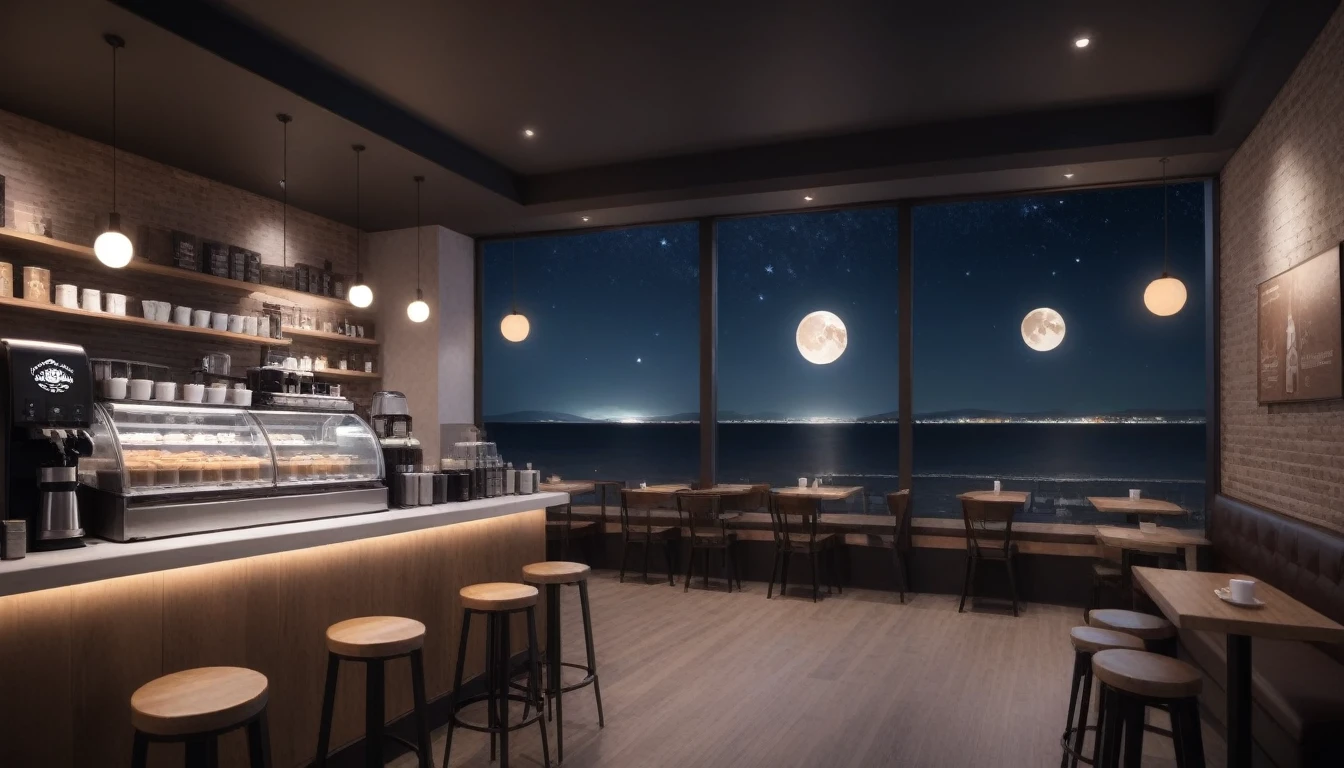 at night, frontal shot coffee shop interior, tables with coffee cups and a big window in the center