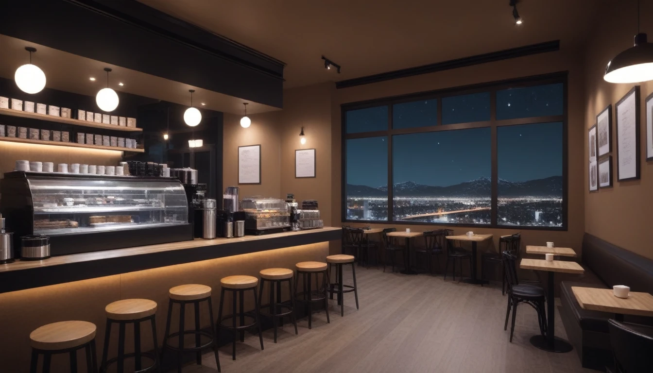 at night, frontal shot coffee shop interior, tables with coffee cups and a big window in the center