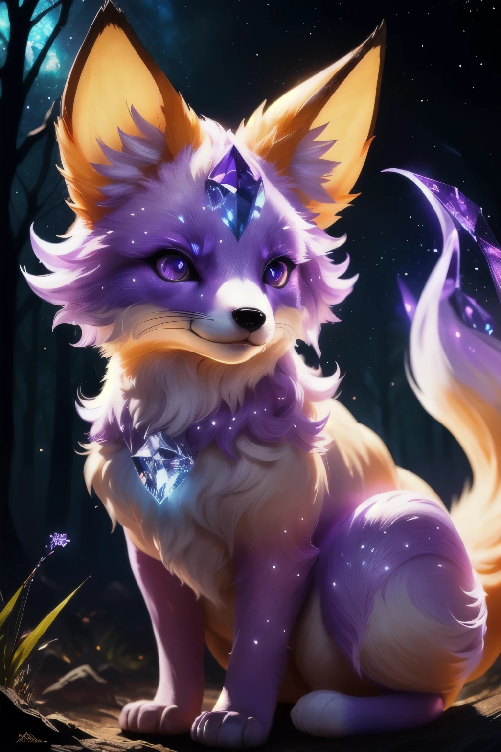 picture of mythical cosmic fox spirit with crystal fur, crystal tail, glowing purple eyes, starry night forest in background,((best quality)), ((masterpiece)), (detailed), high quality, Surreal art, shimmer, Approaching perfection, Ultra High Quality, Reflective materials, shadowy, Volumetric lighting, 8K resolution, ultra-detailed, crystal fox, detailed eyes, detailed paws, light purple fur, light purple fox ears, well-proportioned detailed purple eyes, (absurderes:1.2), exquisitely crafted fox, night aura, Ethereal, 