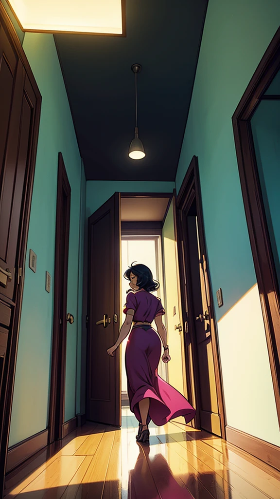 Create an image in the style of classic comics, with vibrant colors and well-defined lines. The scene features a woman with. She is exiting a room in a building, walking confidently with a happy expression on her face. The view should be in profile, capturing her side silhouette. The background should show a corridor with multiple doors, each having a sign near the entrance. The corridor should have typical elements like walls, floors, and lights to provide context.