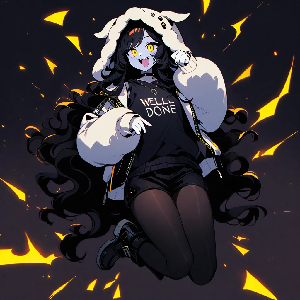 (well done: 1) woman, pale white skin, sheep ears and tail, curly hair down to black shoulders, yellow eyes, mouth piercing, black choker, white jacket with black details with furry hood, black shirt underneath, shorts black, black boots, pantyhose.
