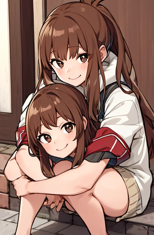 Horikoshi Kouhei, 1 girl, brown hair, brown eyes, long eyes,long hair, happy.